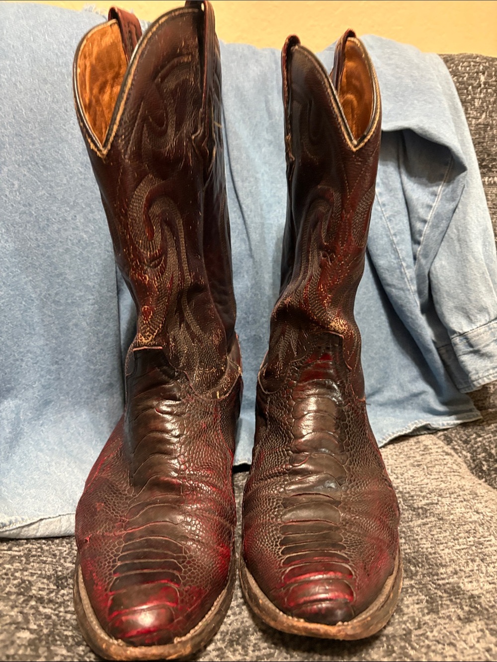 VTG Resistol Cherry Leather & Ostrich Leg Cowboy Boots Men's 11 D